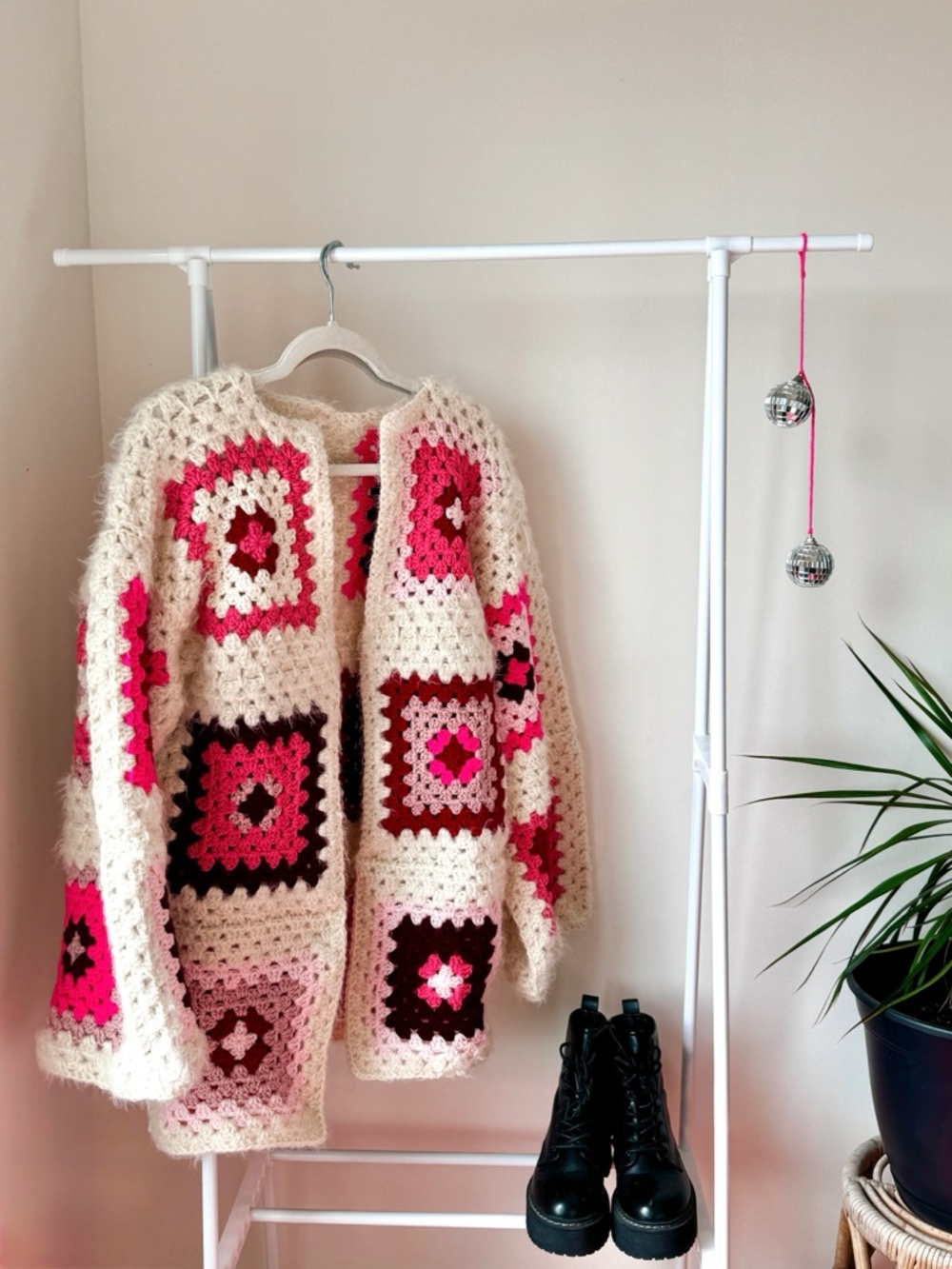 Handmade Crochet Granny Square Cardigan in Cream & Pink